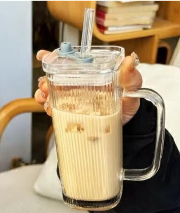 TAZA VIDRIO RAYADA C/SORBETE 350ML