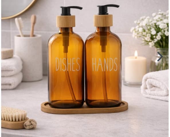 Dispenser de vidrio x 2 + bandeja bambú ambar
