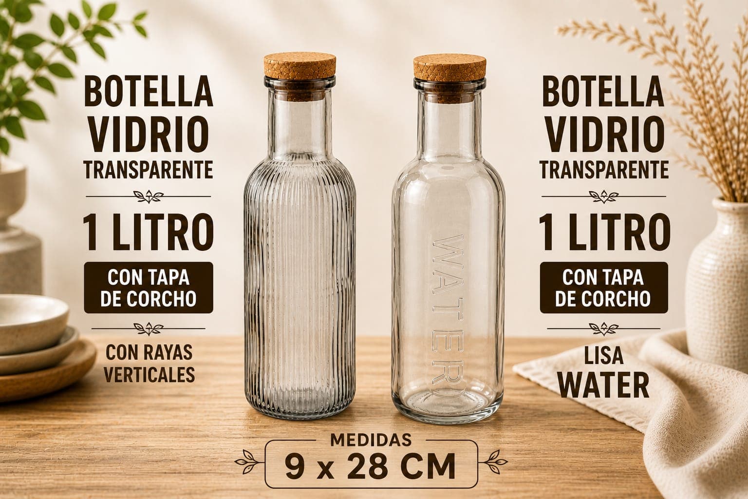 Botella de vidrio rayada con tapa corcho